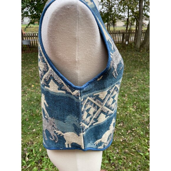 Vintage Keren Hart Tapestry Vest L Horse Pattern Blue Cotton Western Style - Picture 10 of 12